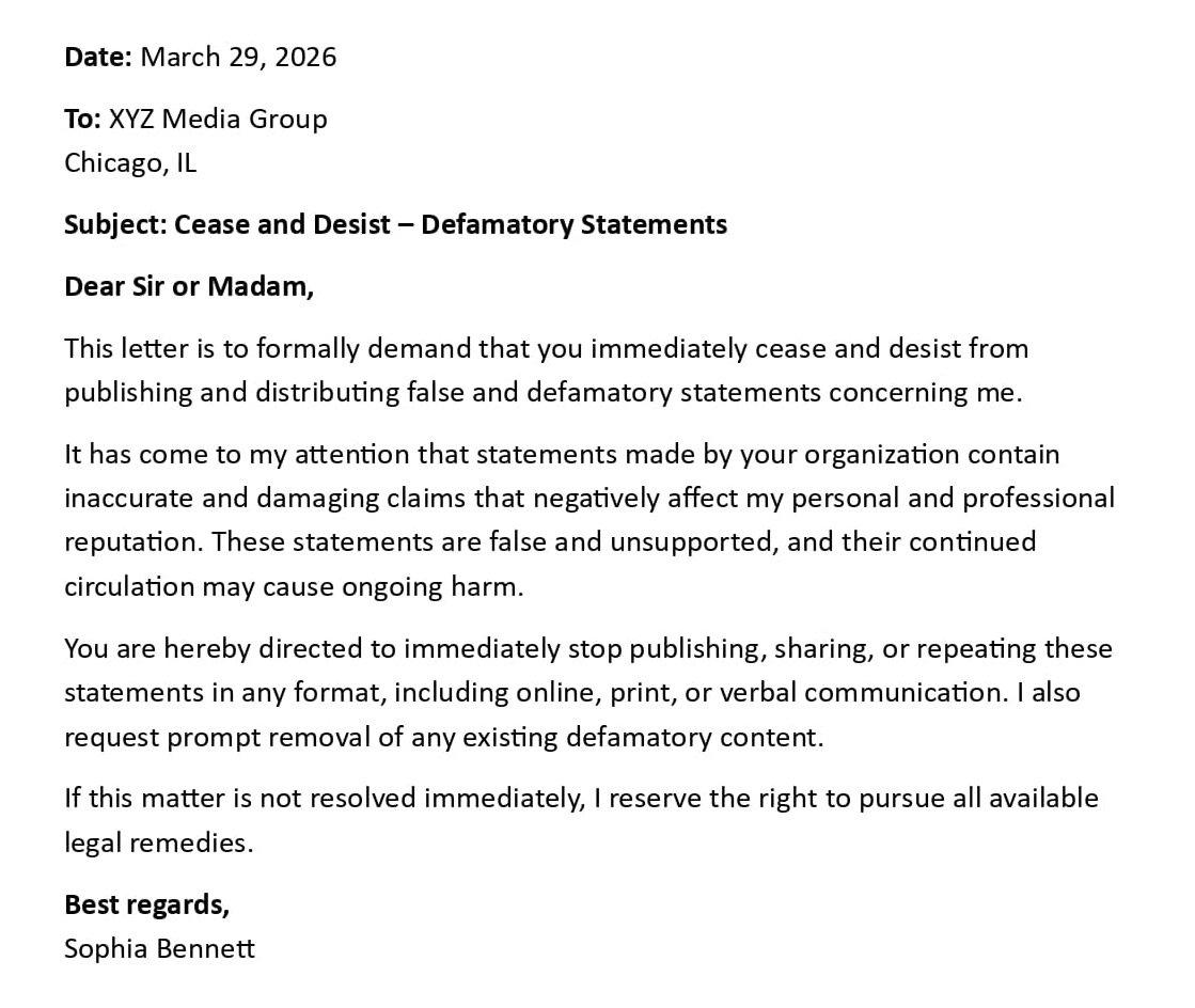 Cease and Desist – Defamatory Statements