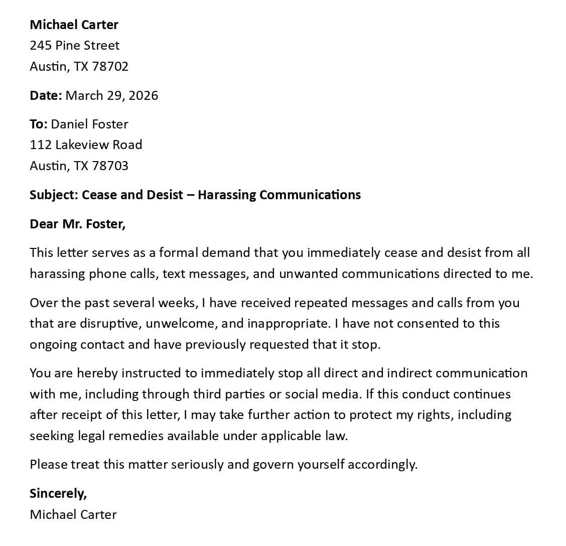 Cease and Desist – Harassing Communications