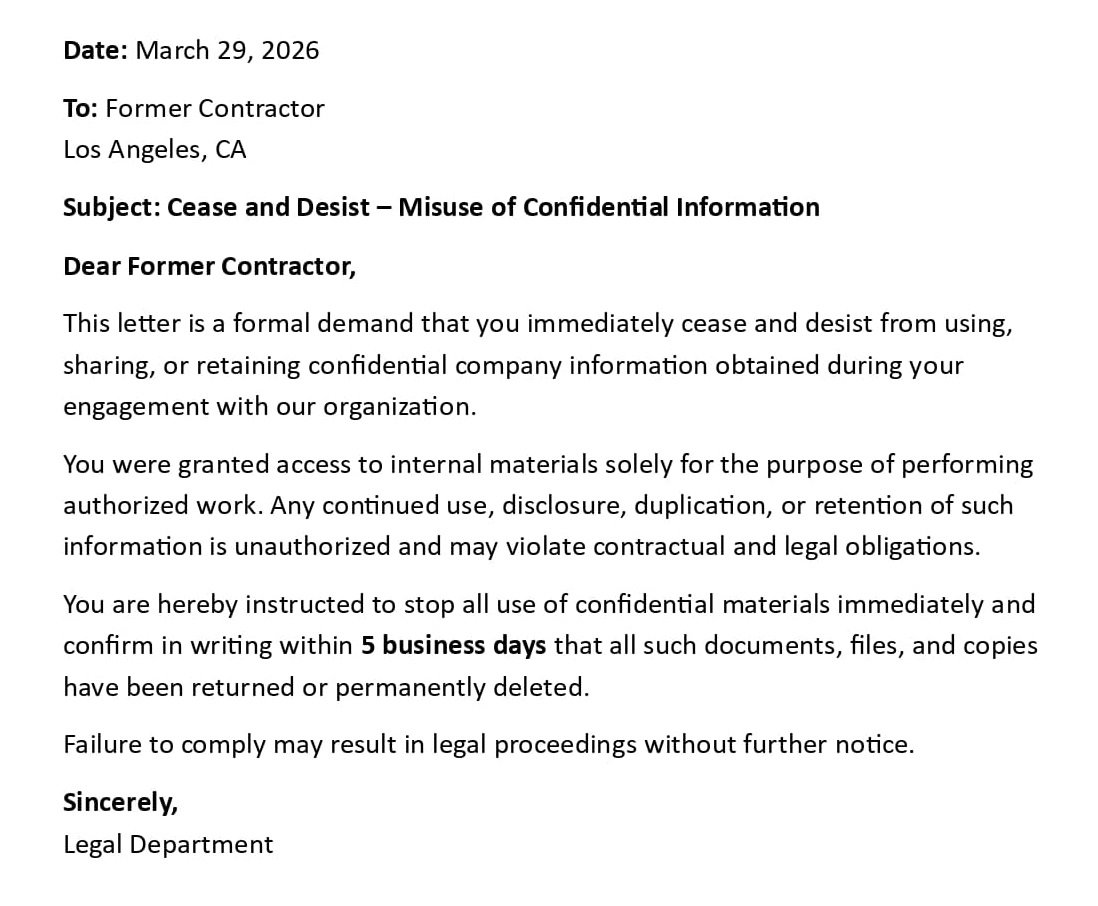 Cease and Desist – Misuse of Confidential Information