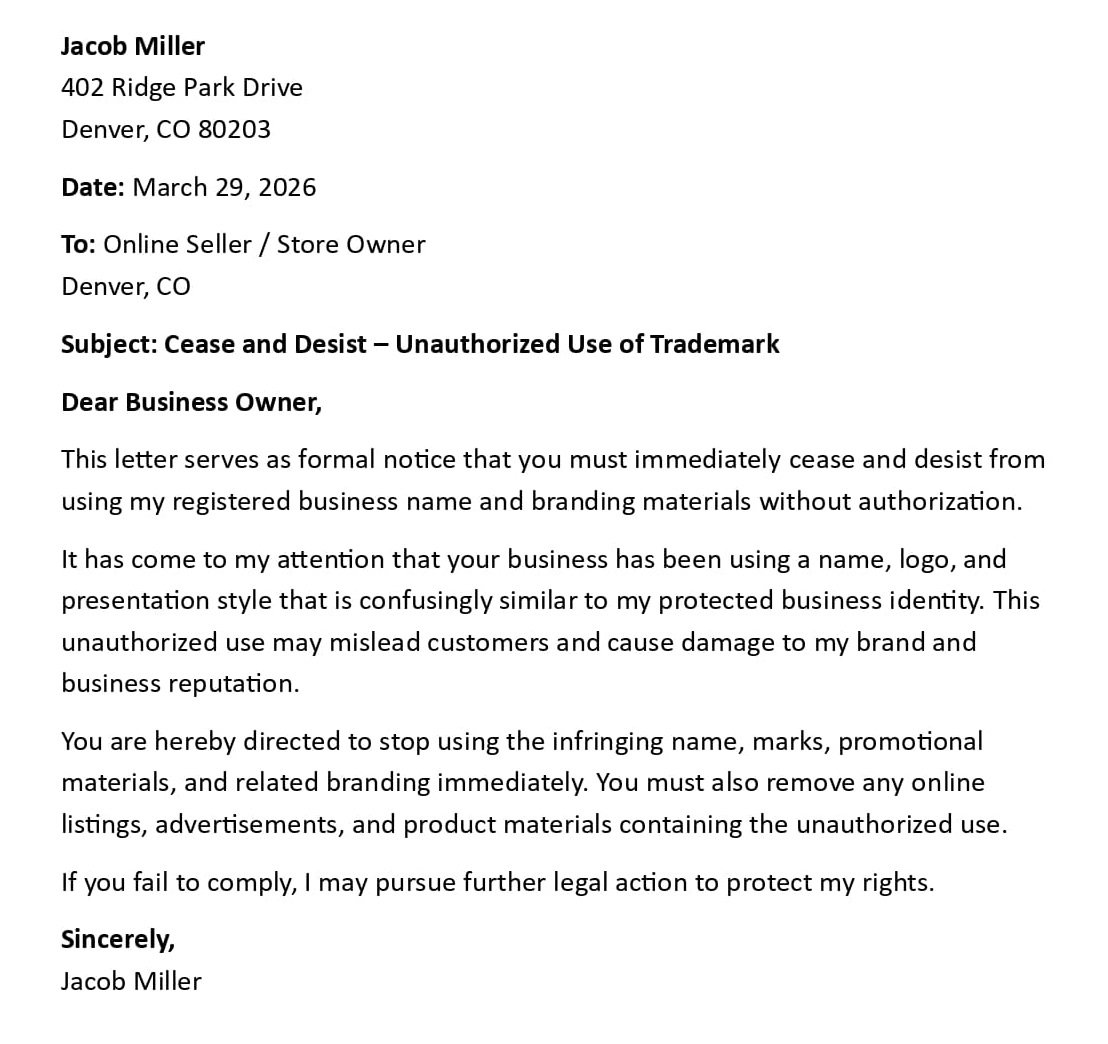 Cease and Desist – Unauthorized Use of Trademark
