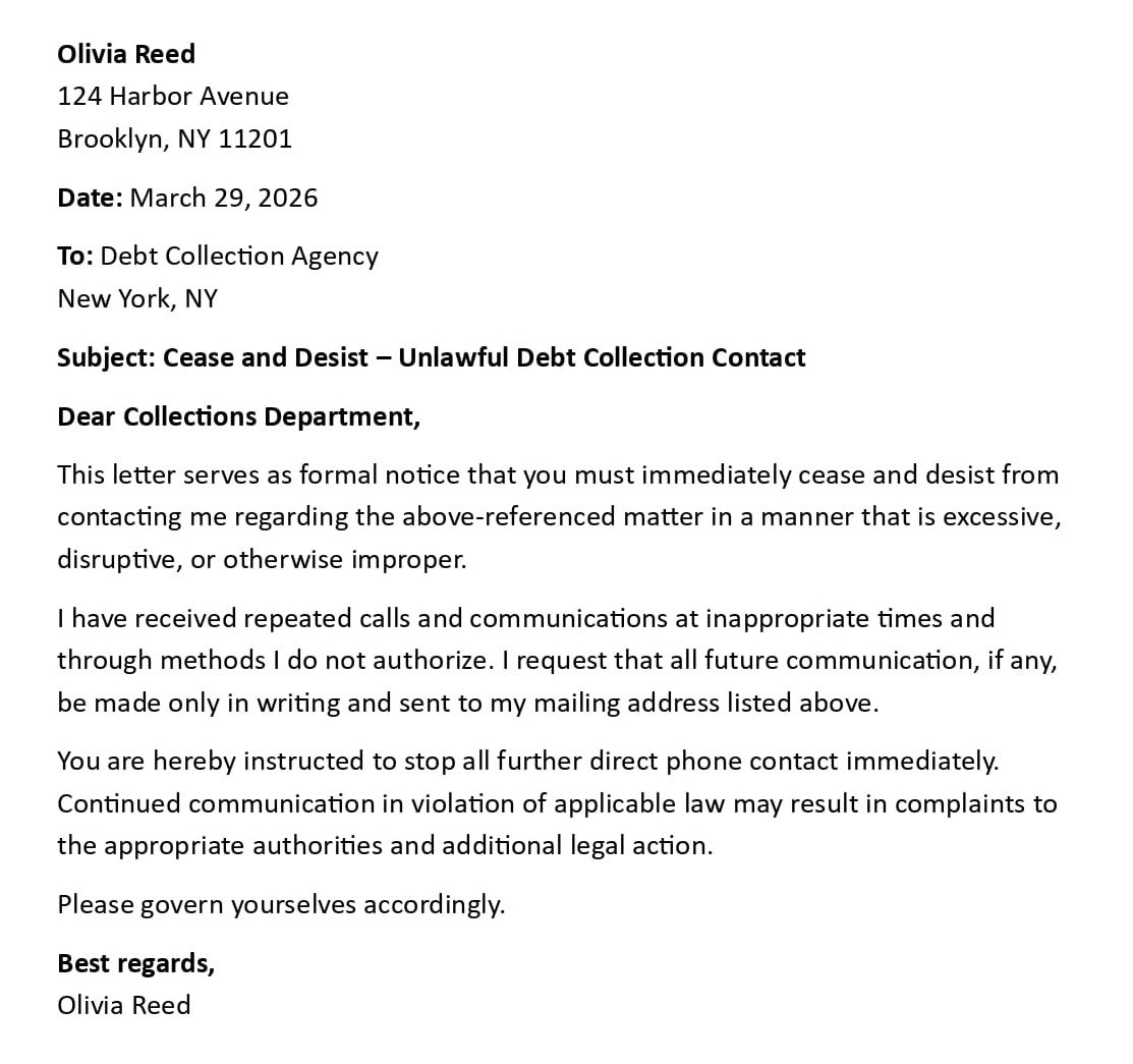 Cease and Desist – Unlawful Debt Collection Contact