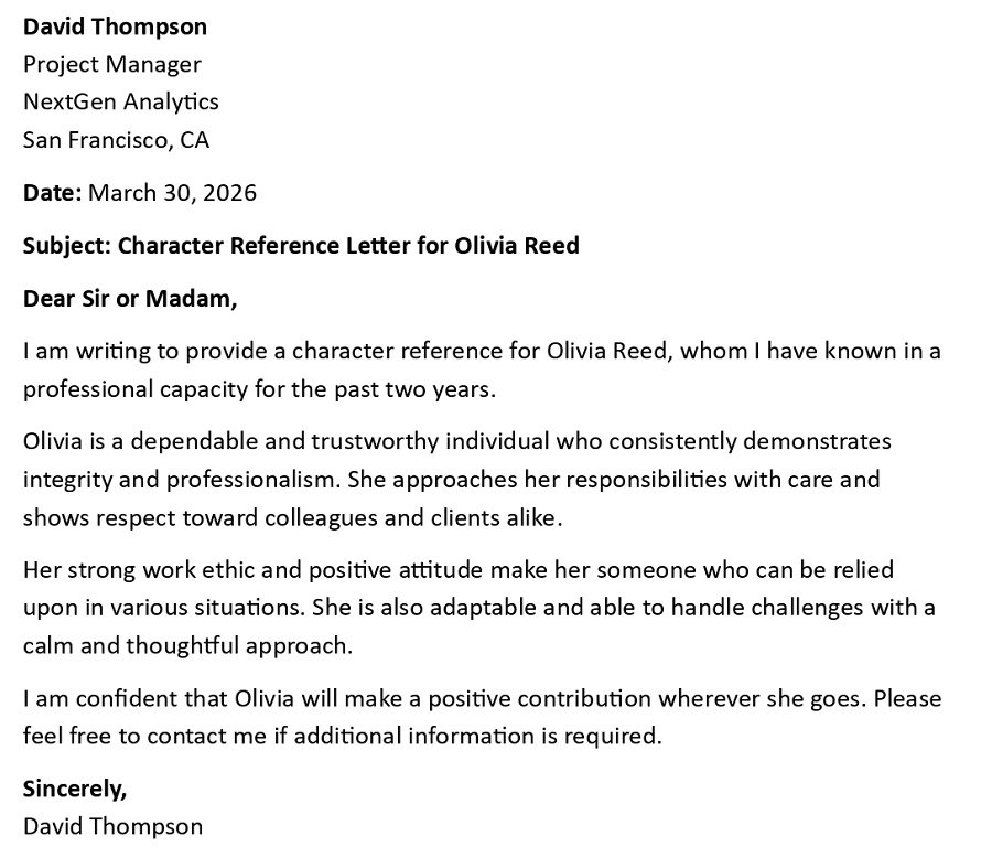 Character Reference Letter for Olivia Reed