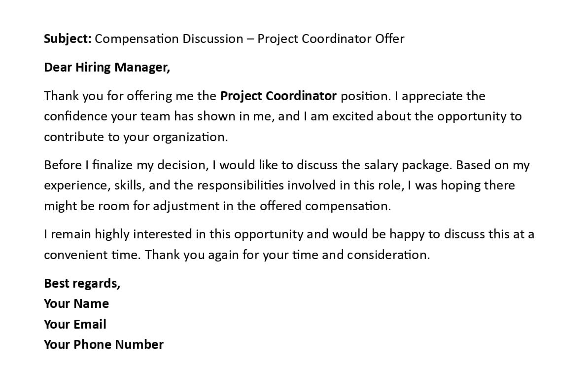 Compensation Discussion – Project Coordinator Offer