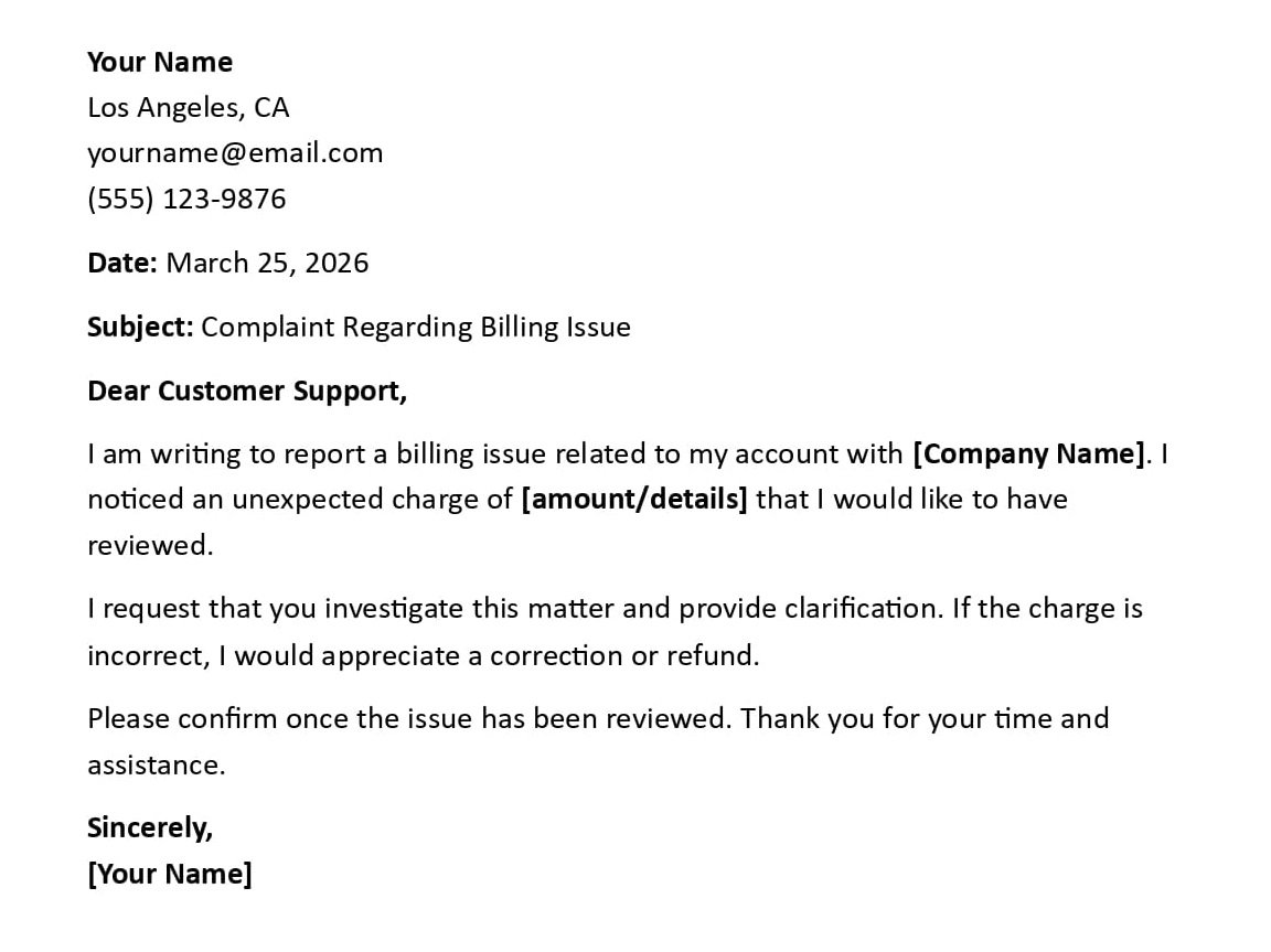 Complaint Regarding Billing Issue