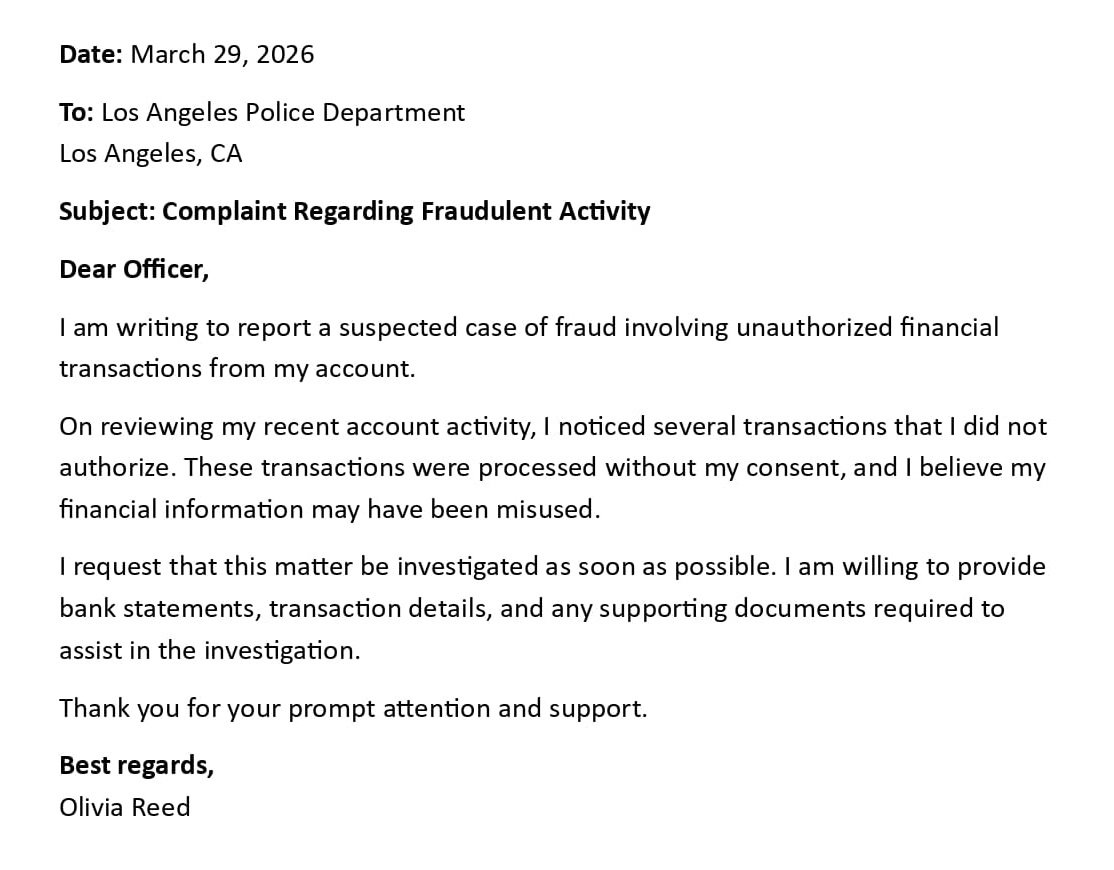 Complaint Regarding Fraudulent Activity