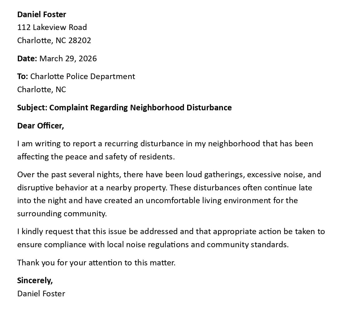 Complaint Regarding Neighborhood Disturbance