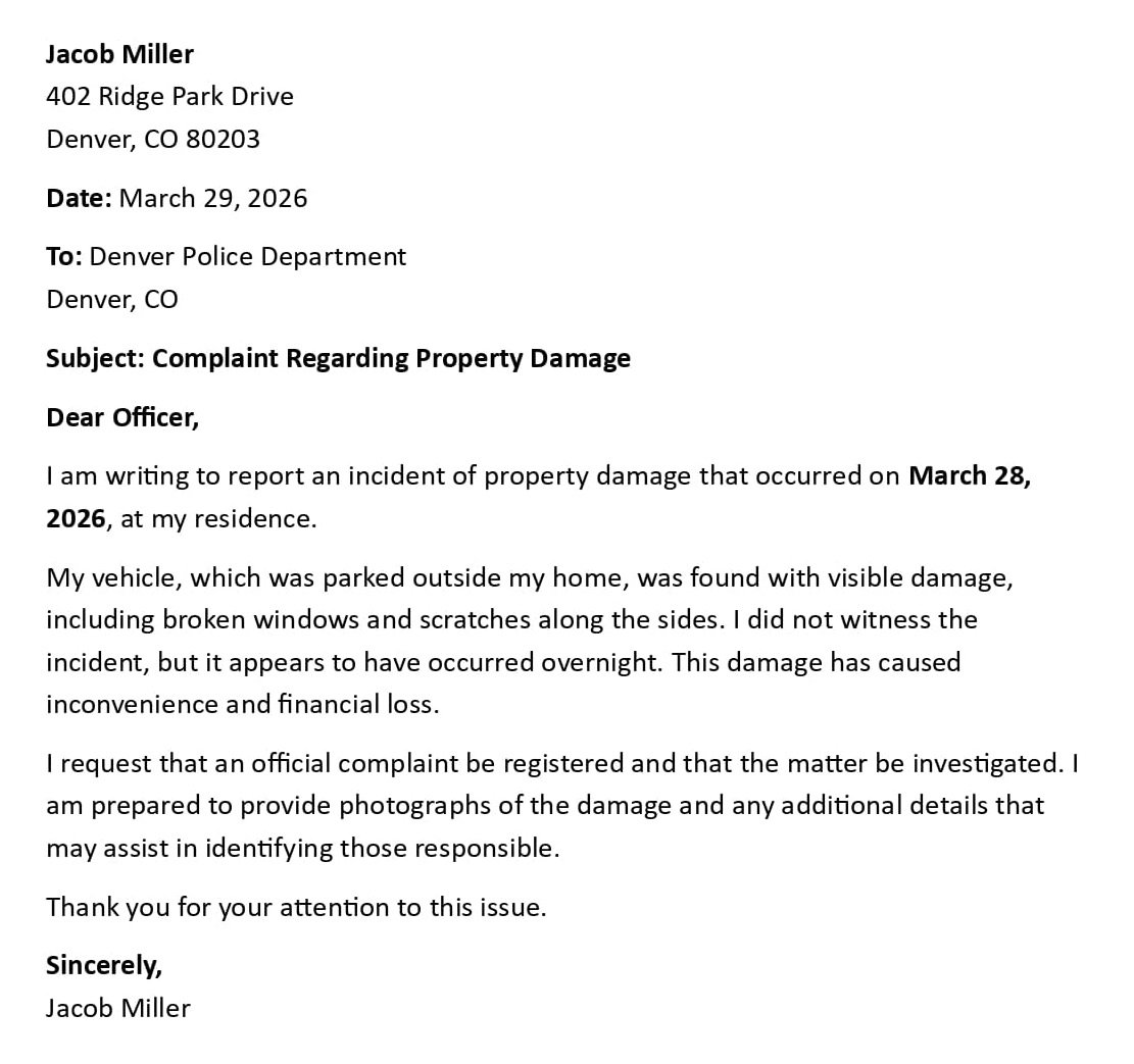Complaint Regarding Property Damage