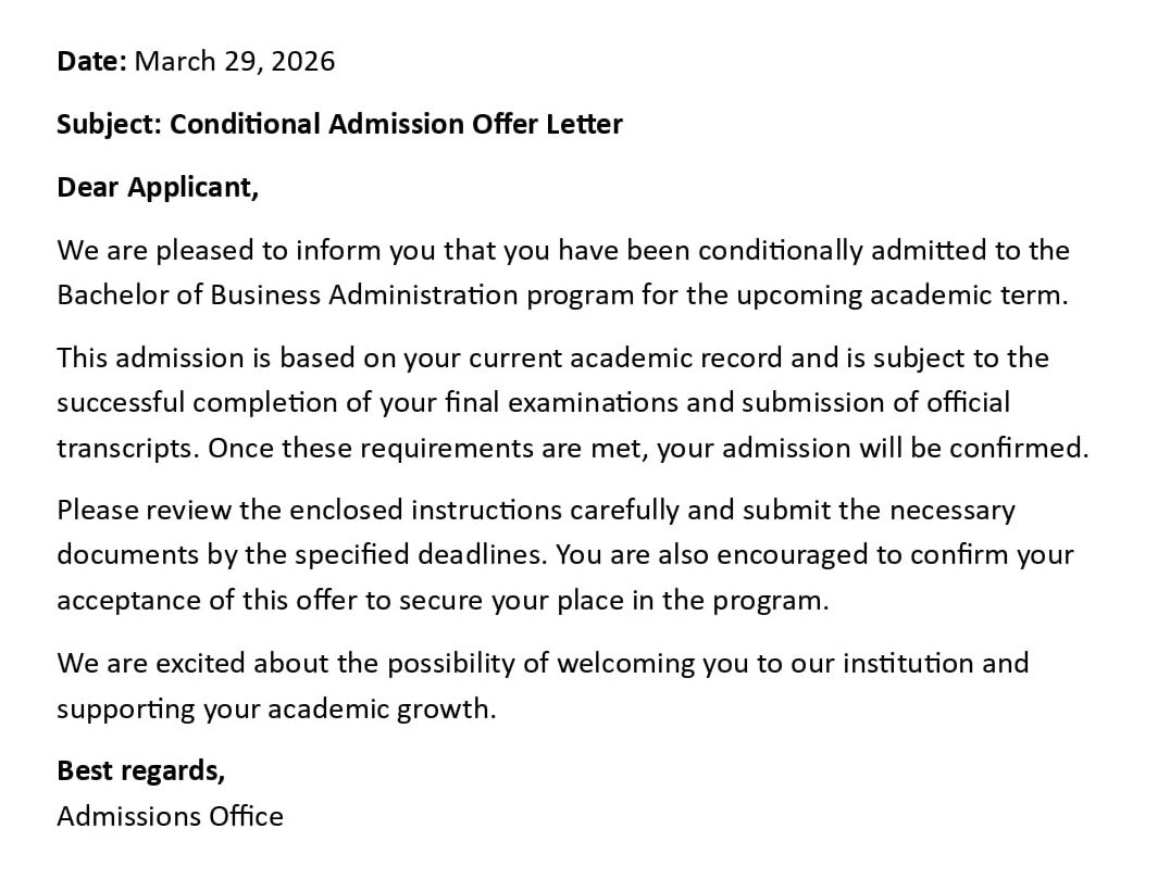 Conditional Admission Offer Letter