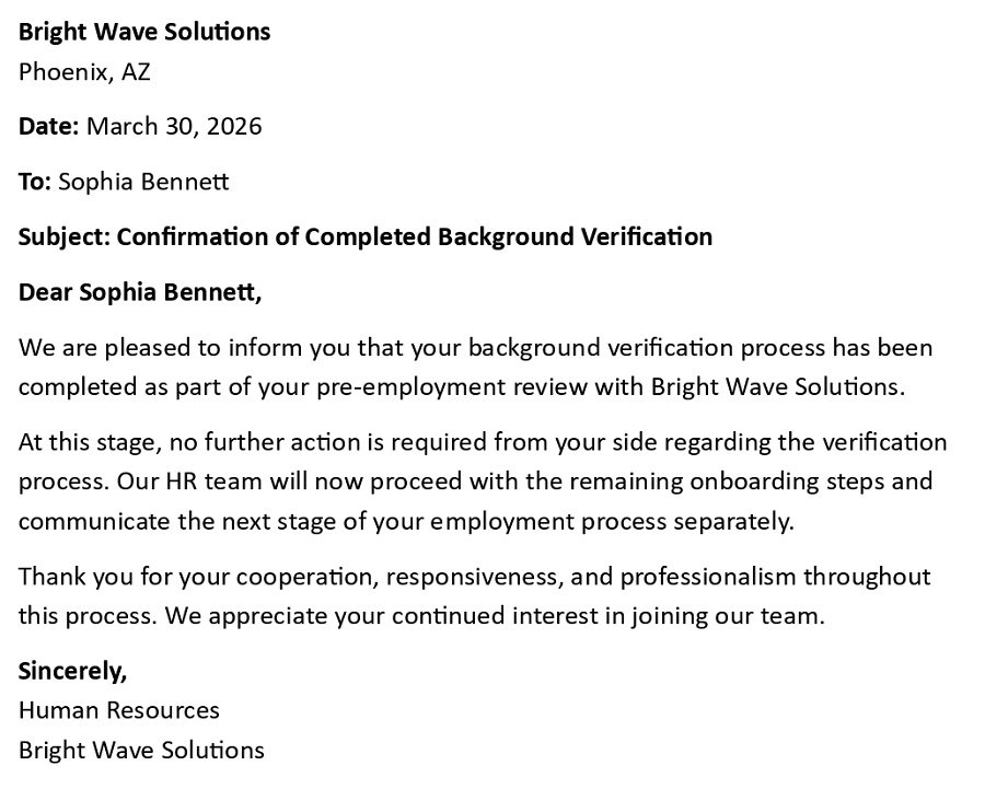Confirmation of Completed Background Verification
