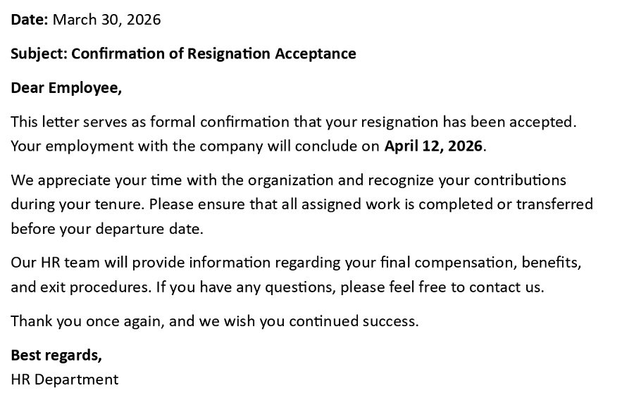 Confirmation of Resignation Acceptance