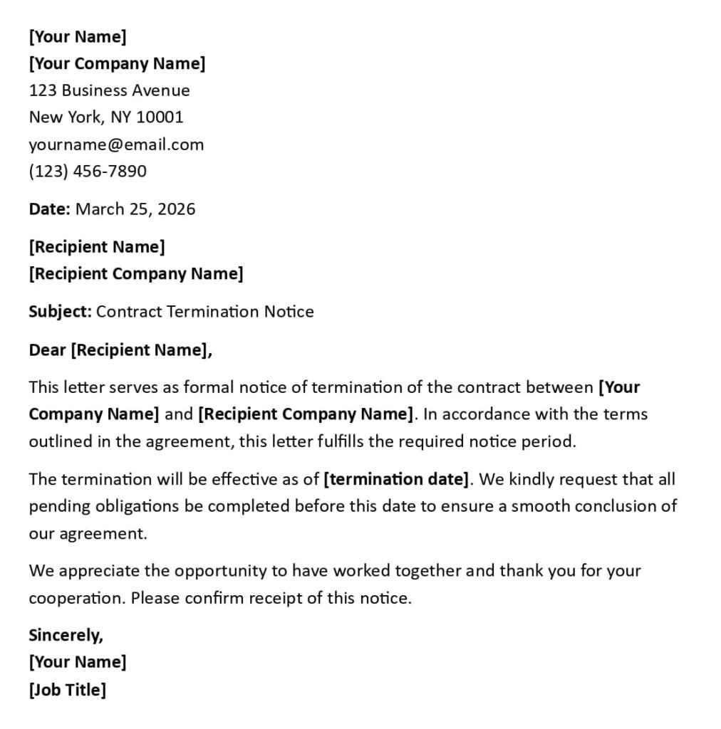 Contract Termination Letter (USA Legal Format + 5 Samples)