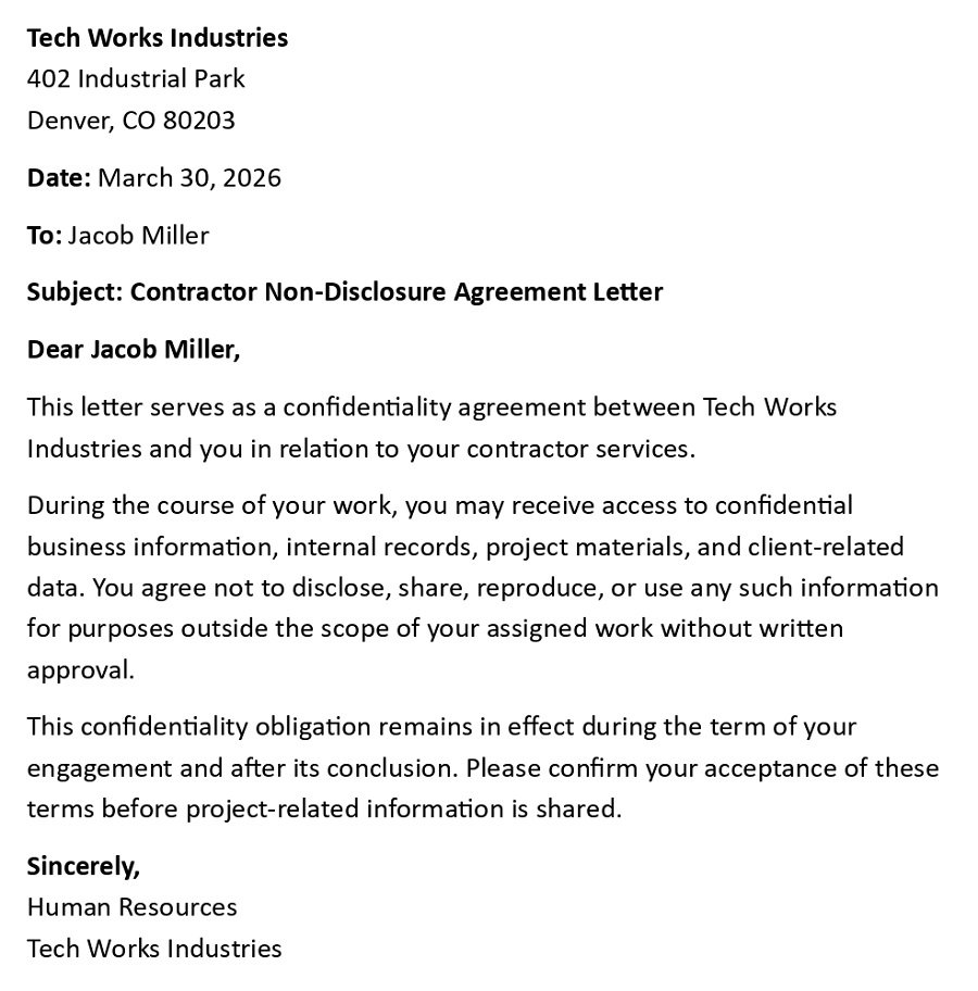 Contractor Non-Disclosure Agreement Letter
