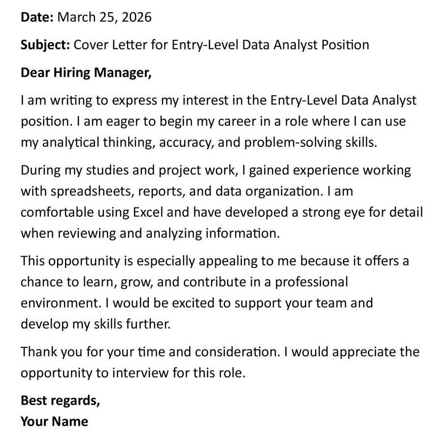 Cover Letter for Entry-Level Data Analyst Position