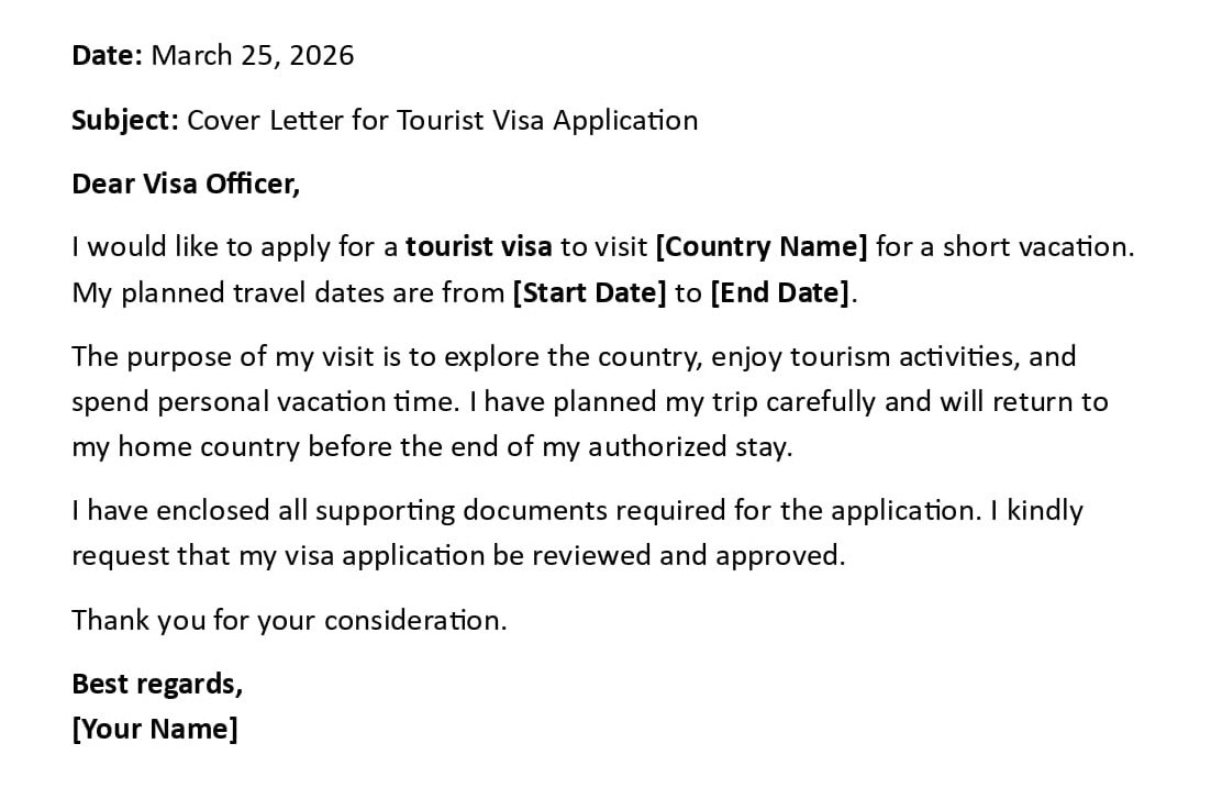 Cover Letter for Tourist Visa Application
