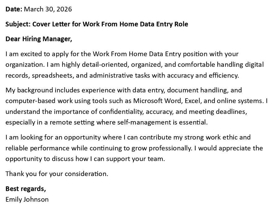 Cover Letter for Work From Home Data Entry Role