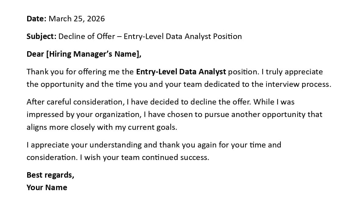 Decline of Offer – Entry-Level Data Analyst Position