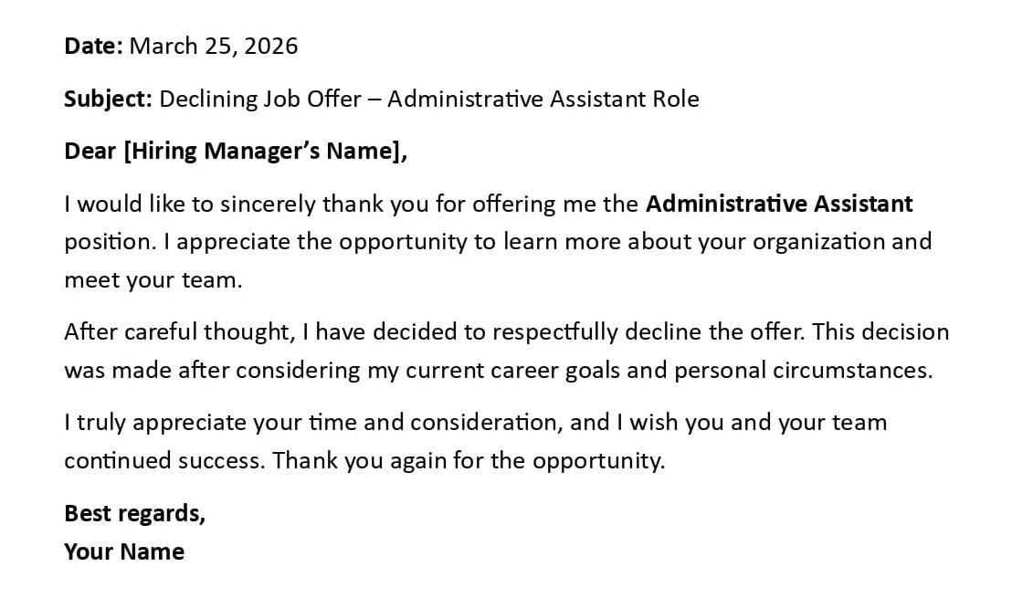 Declining Job Offer – Administrative Assistant Role