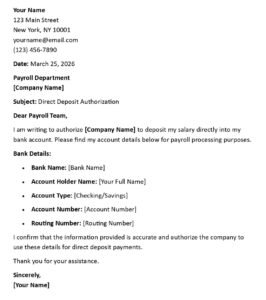 Direct Deposit Authorization Letter (USA Payroll Format + 5 Templates)