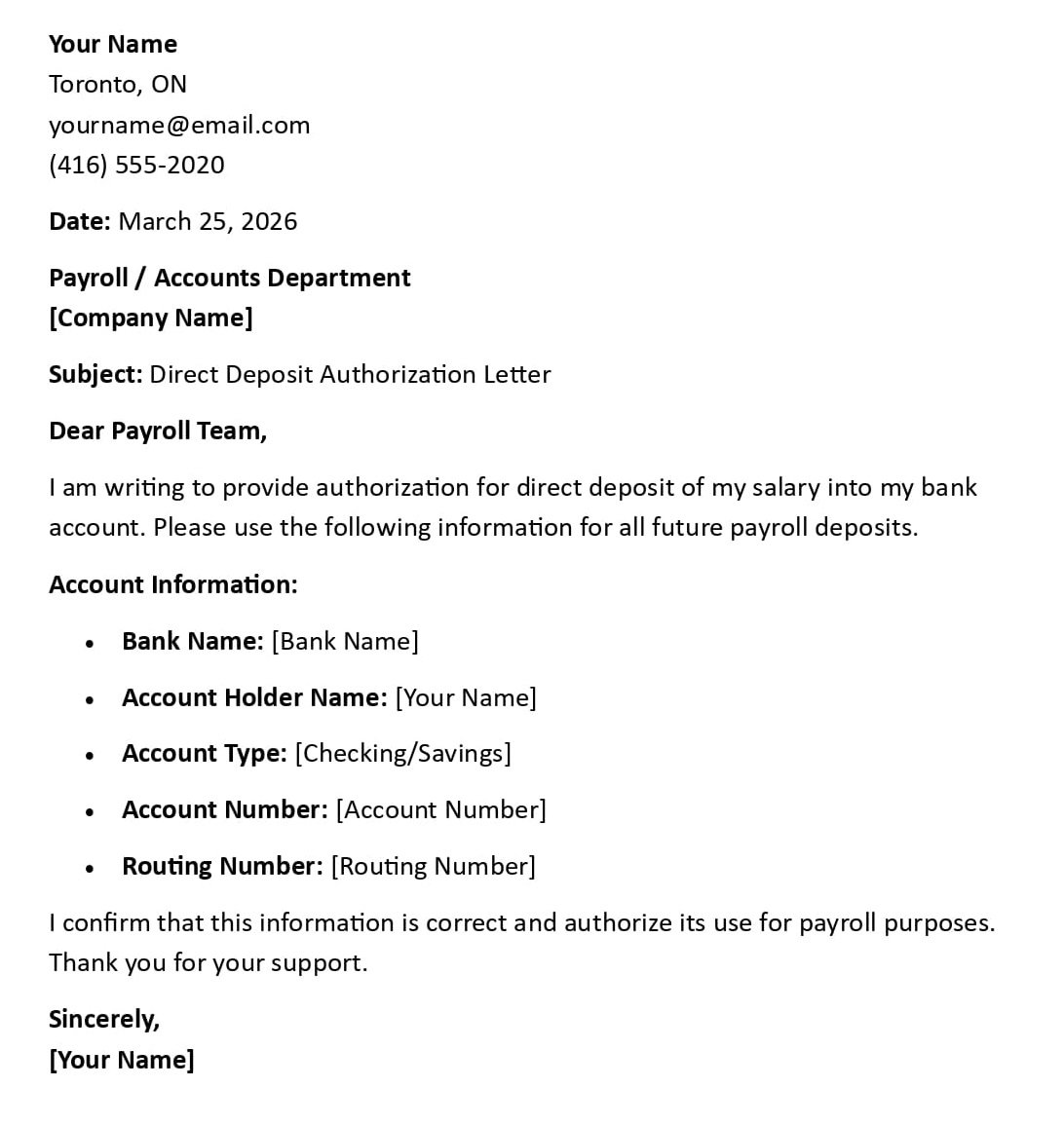 Direct Deposit Authorization Letter