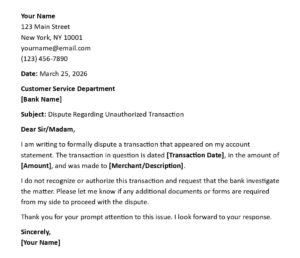 Dispute Transaction Letter to Bank (USA Format + 5 Examples)
