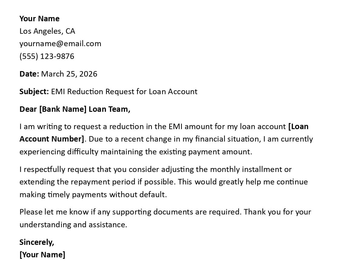 EMI Reduction Request for Loan Account