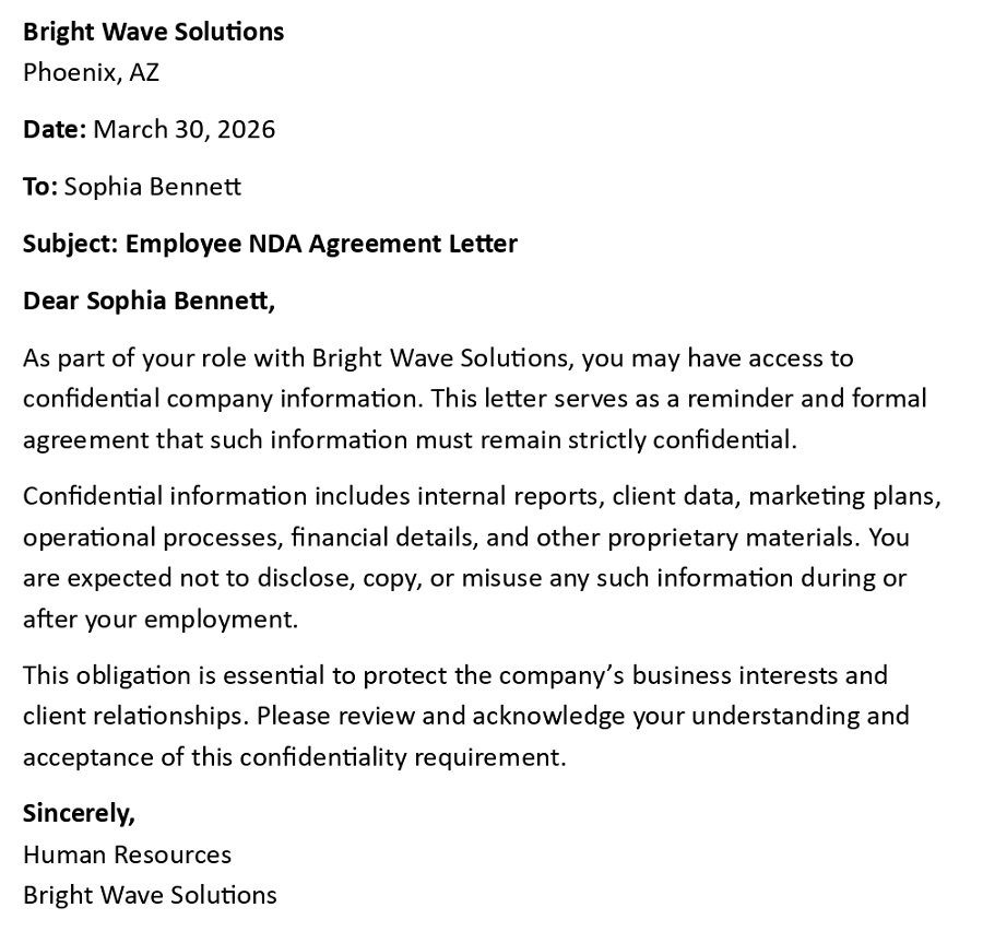 Employee NDA Agreement Letter
