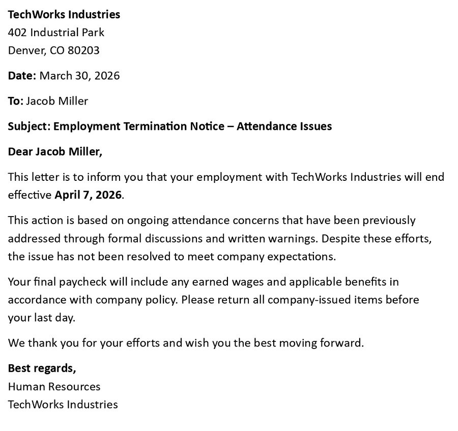 Employment Termination Notice – Attendance Issues