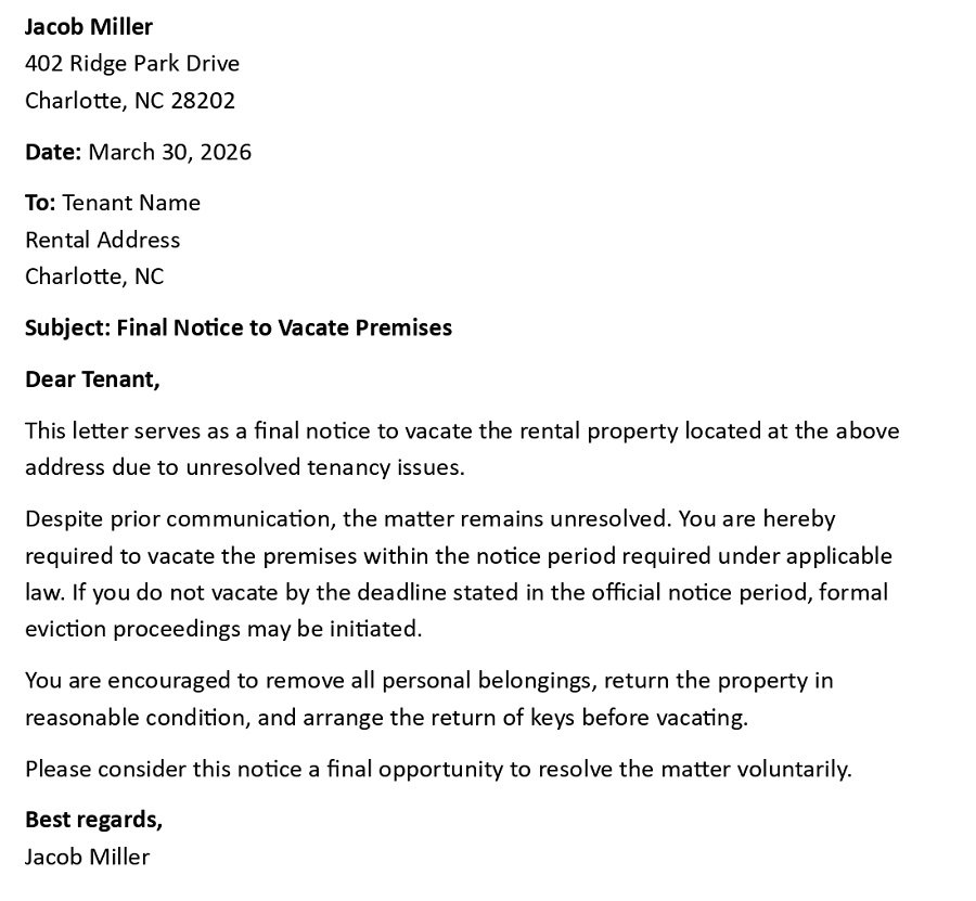 Final Notice to Vacate Premises