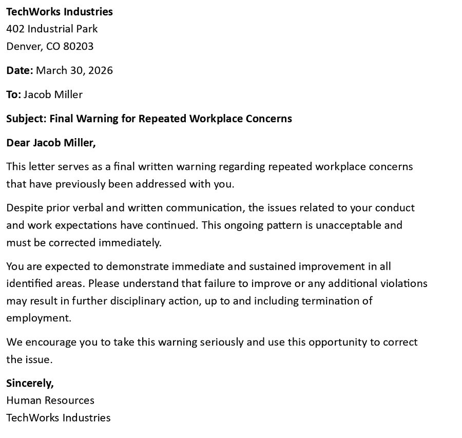 Final Warning for Repeated Workplace Concerns