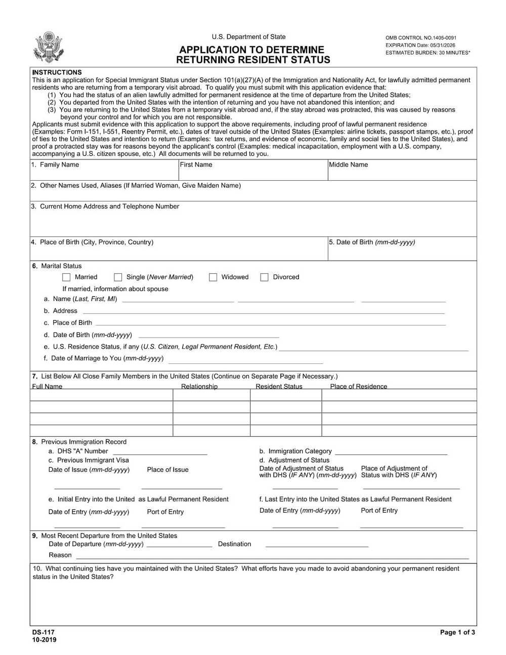 Form DS-117 Returning Resident Visa Form PDF Download