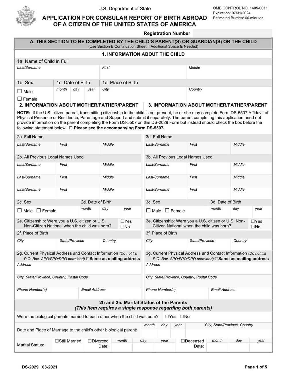 Form DS-2029 Birth Abroad Application PDF Download