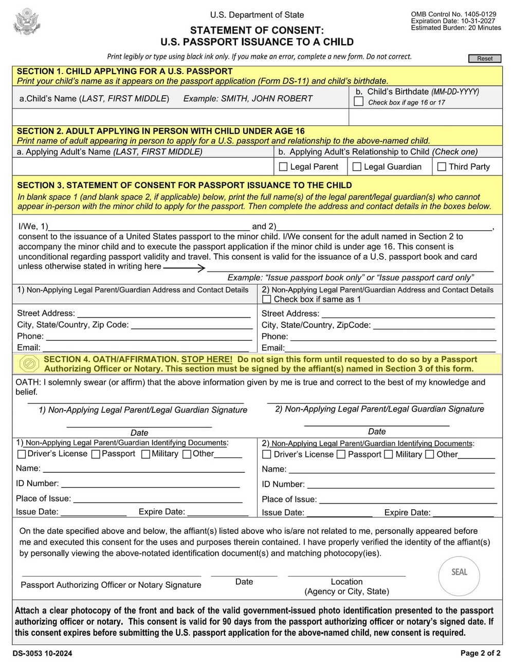 Form DS-3053 Passport Consent Form PDF Download