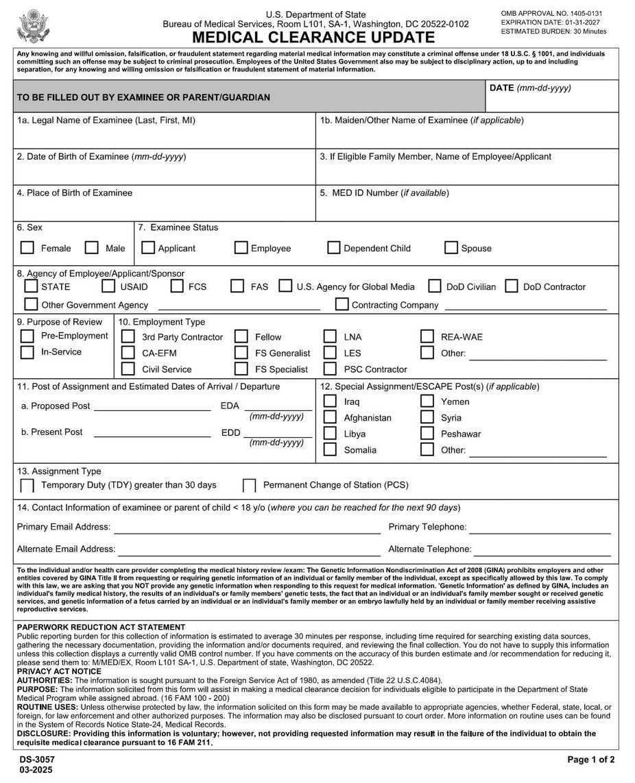 Form DS-3057 Medical Clearance Update Form PDF