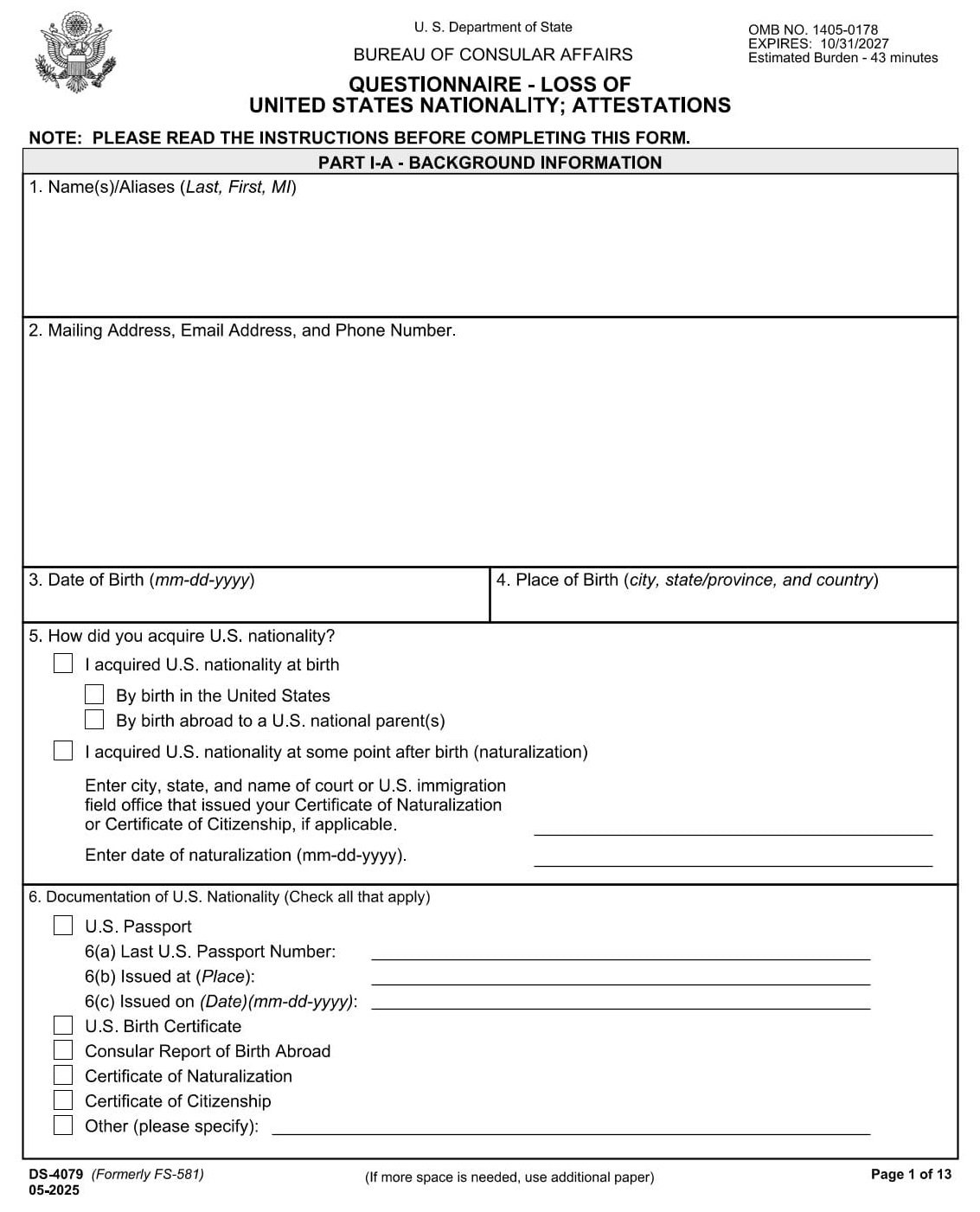 Form DS-4079 PDF Download – Citizenship Status Determination