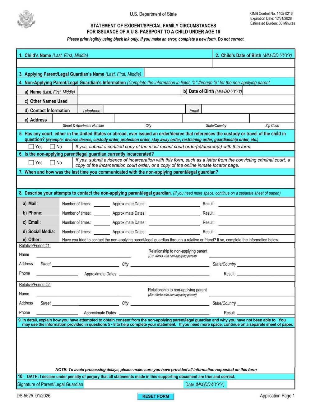 Form DS-5525 Passport Special Circumstances Form PDF