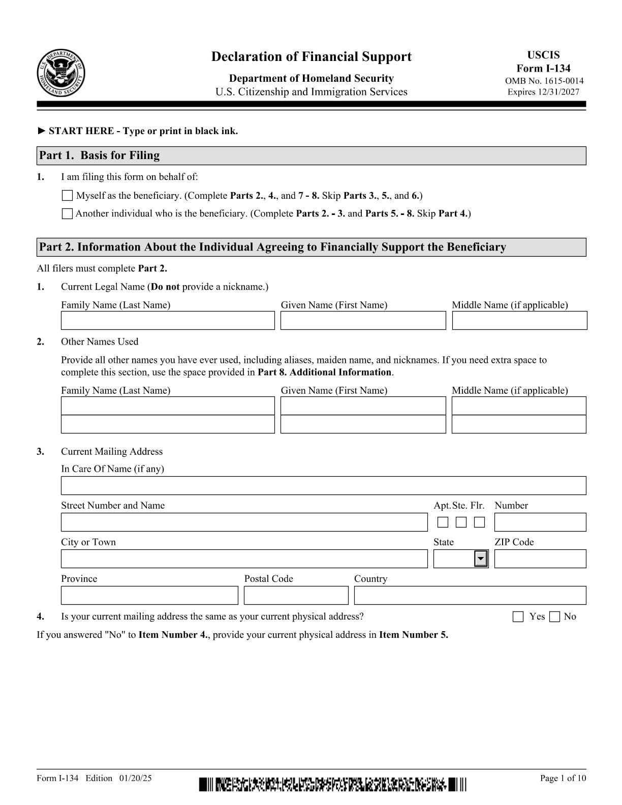 Supporting Declaration Form Form I-134 PDF Download – Financial Support Declaration