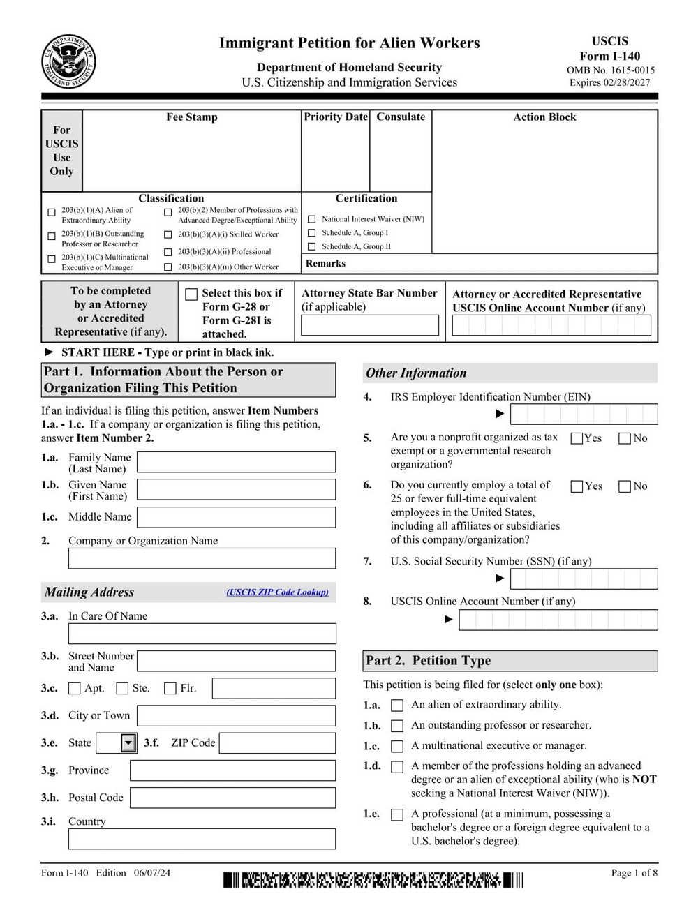 Form I-140 PDF Download – Immigrant Worker Petition
