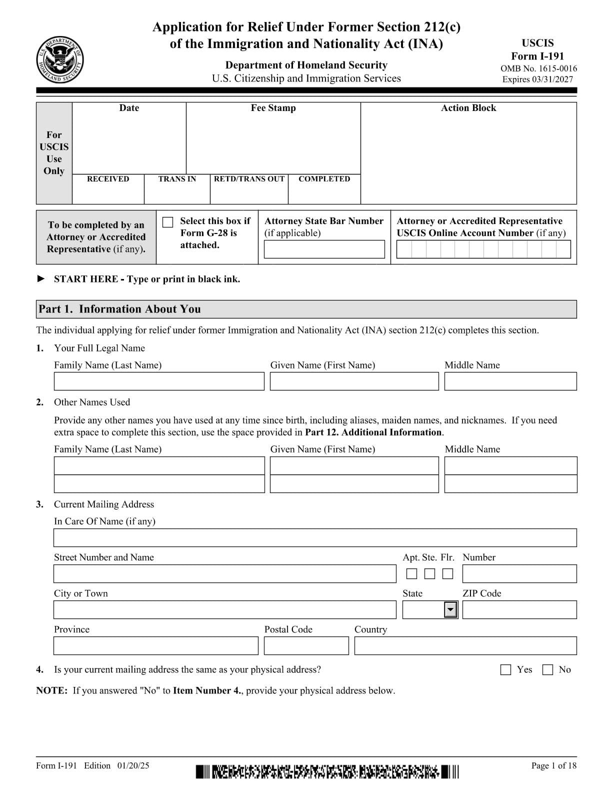 Form I-191 PDF Download – Advance Permission to Return