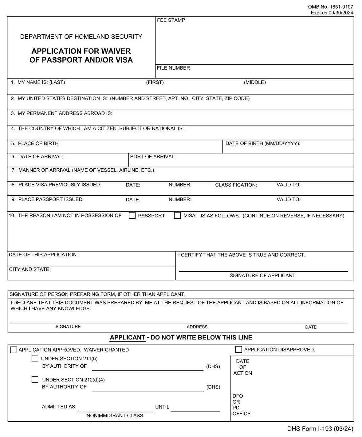 Form I-193 PDF Download – Waiver of Passport or Visa