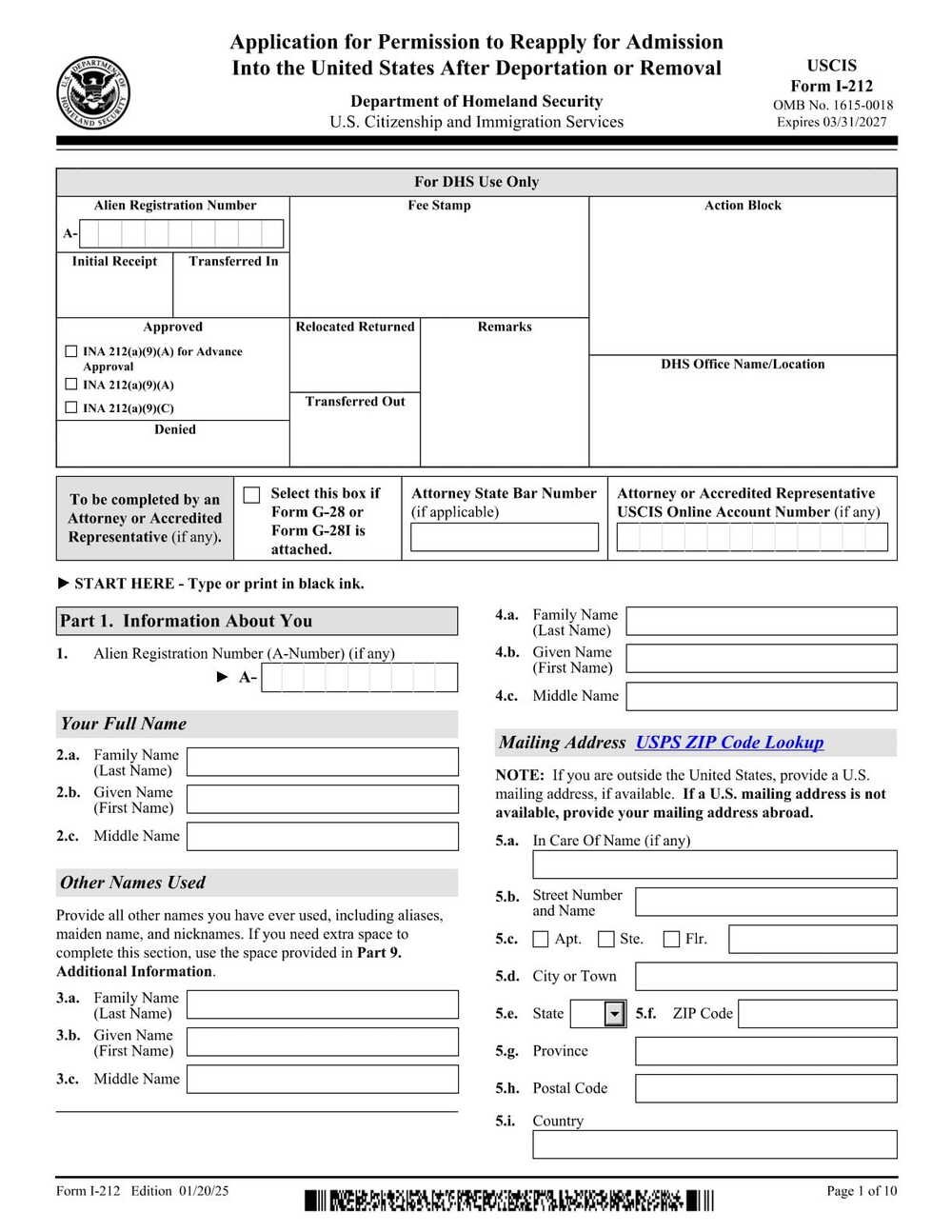Form I-212 PDF Download – Reapply for Admission