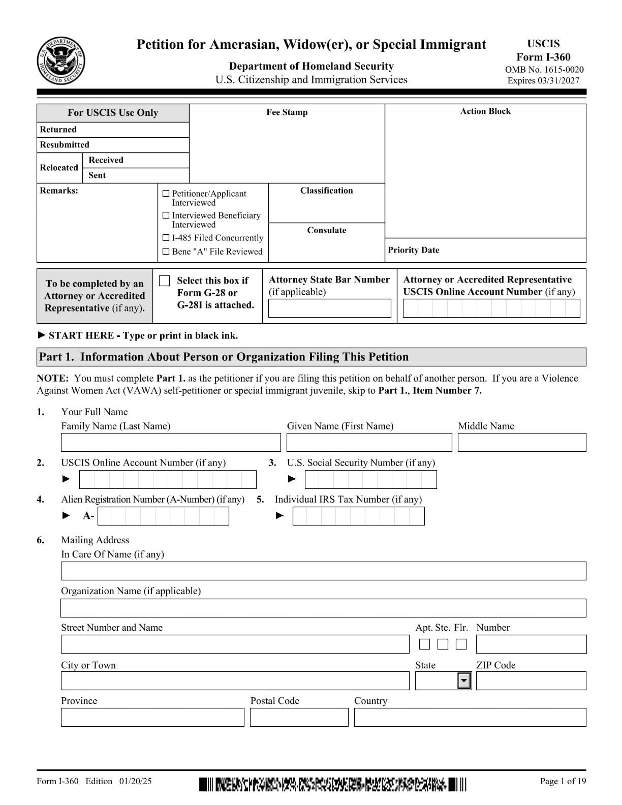 Form I-360 PDF Download – Special Immigrant Petition