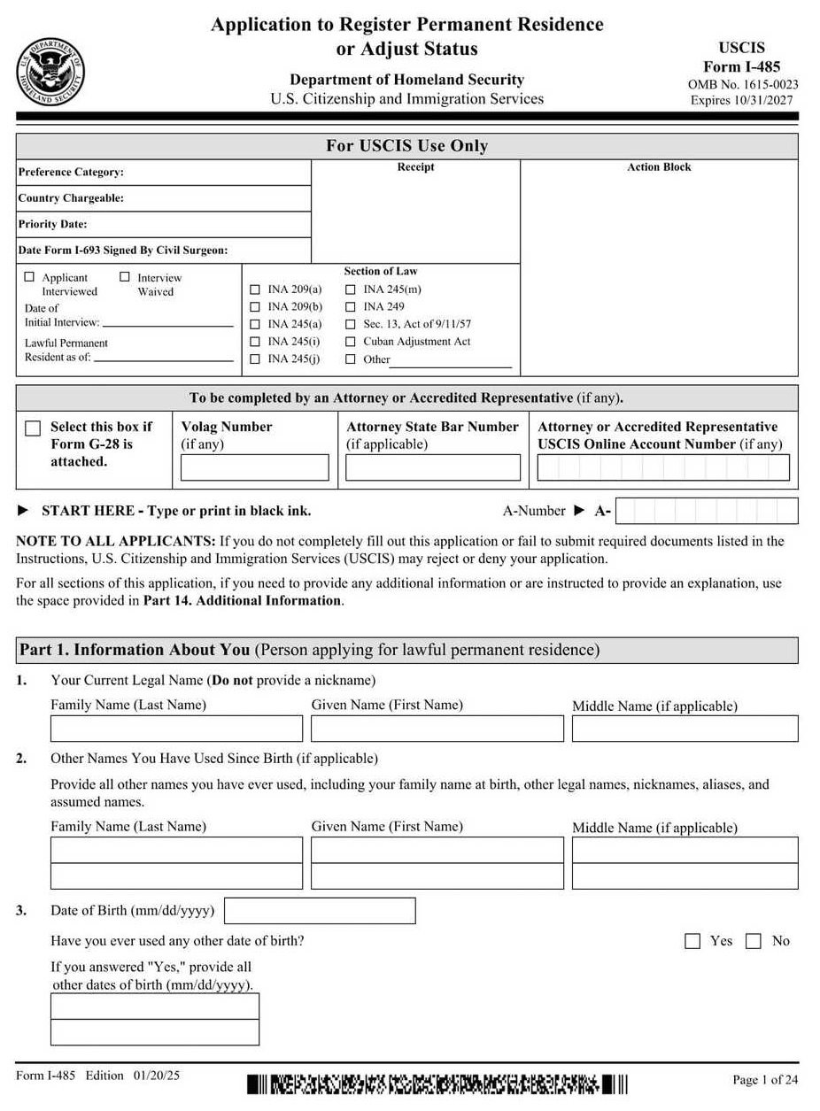 Form I-485 PDF Download – Green Card Application Form