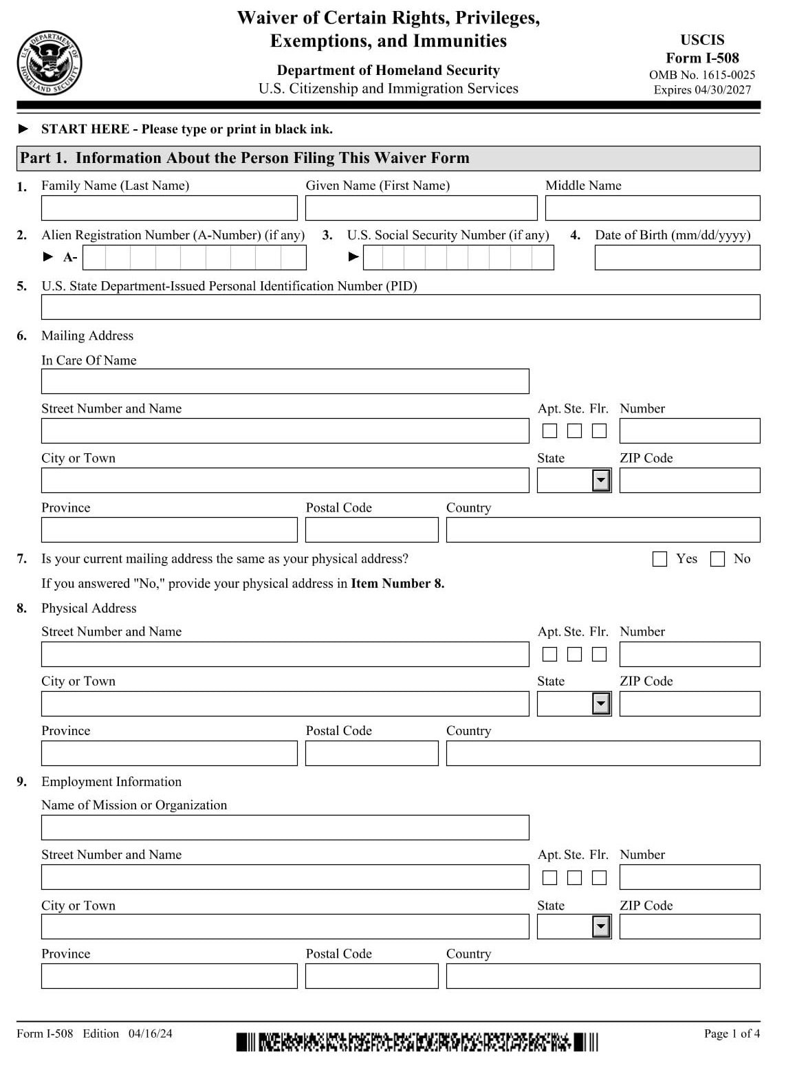 Form I-508 PDF Download – Diplomatic Waiver Application