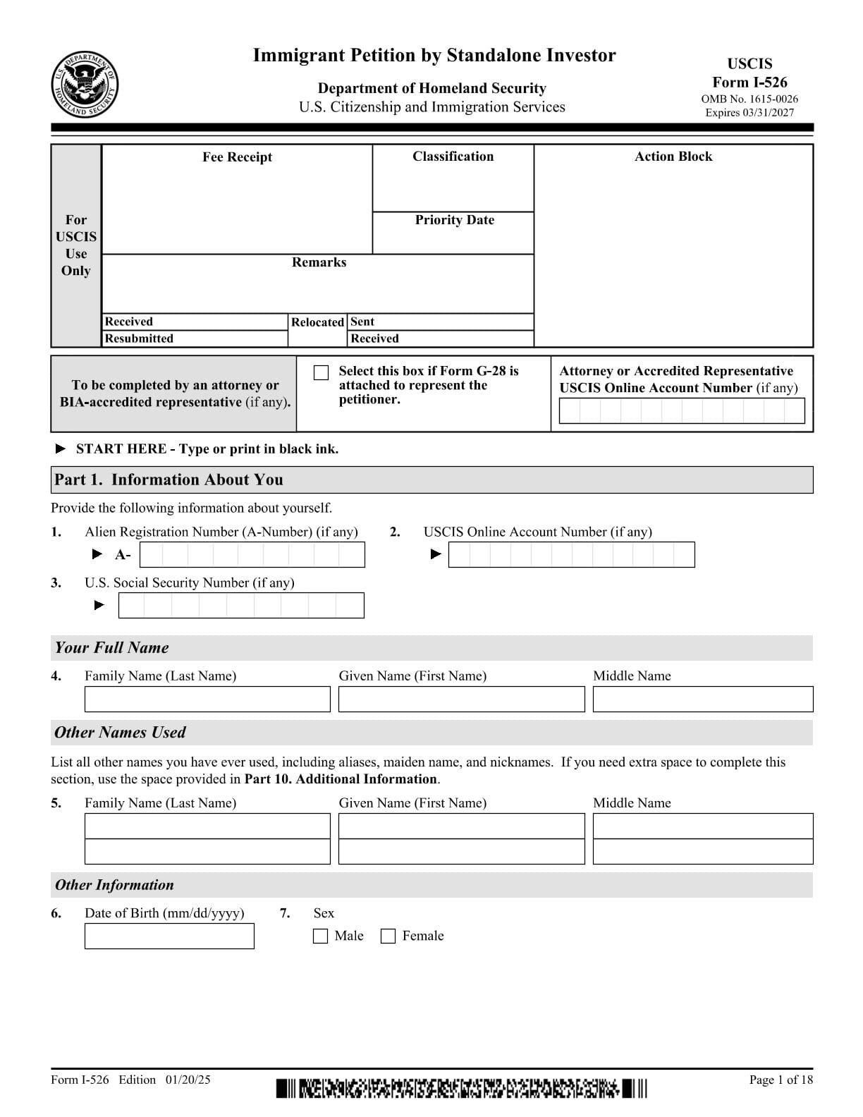 Form I-526 PDF Download – Investor Immigration Petition