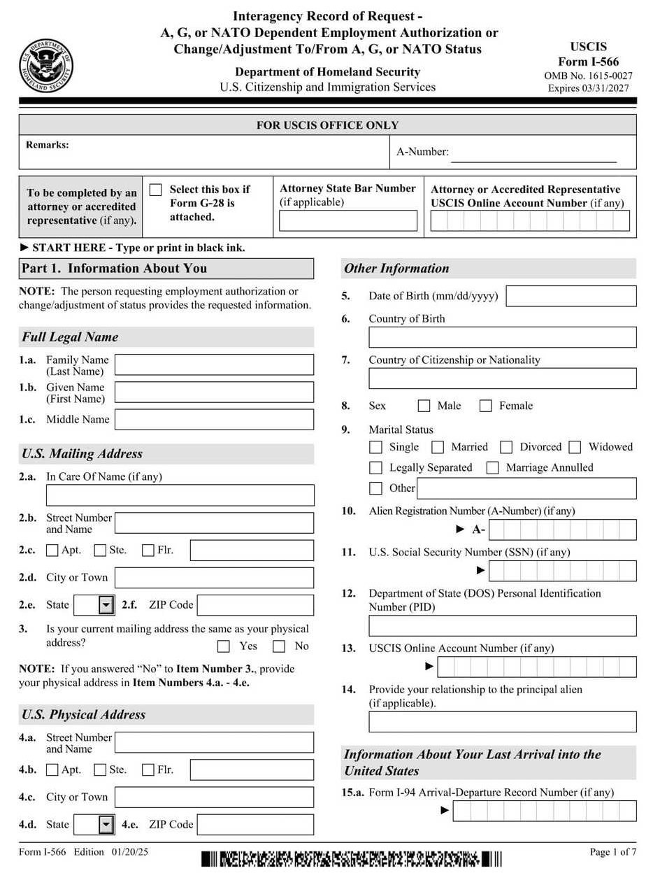 Form I-566 PDF Download – NATO and Foreign Officials Request