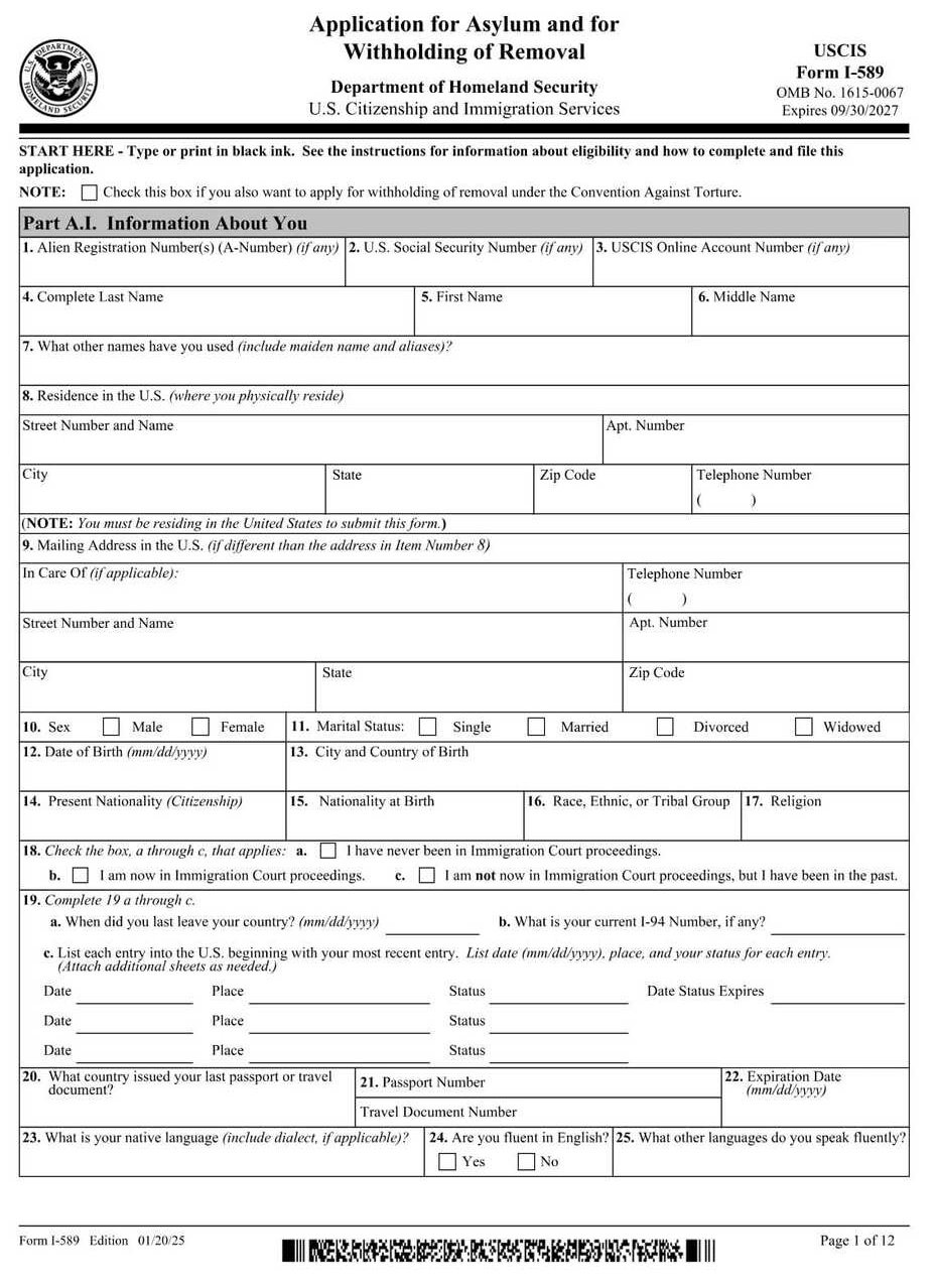 Form I-589 PDF Download – Asylum Application