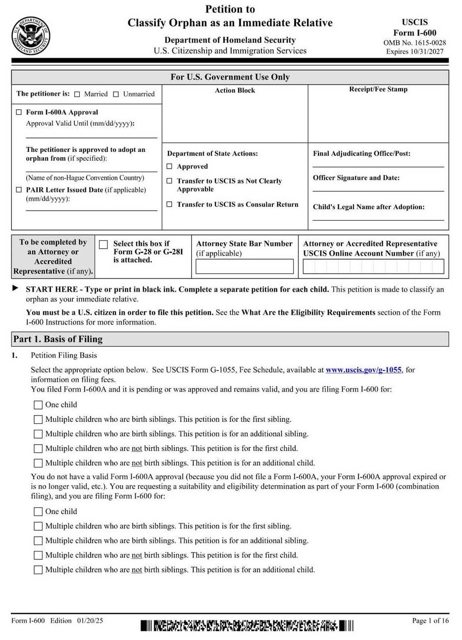 Form I-600 PDF Download – Orphan Petition Form