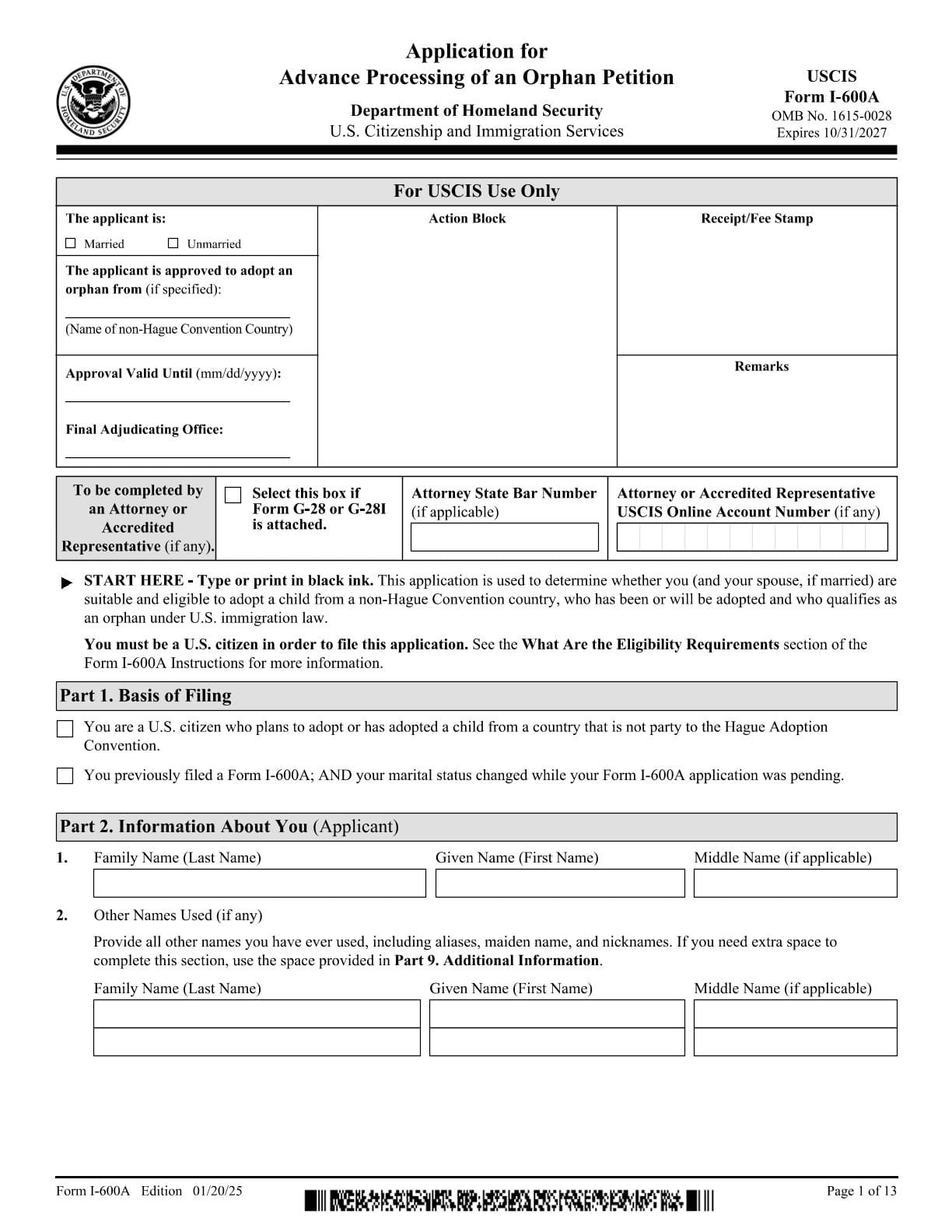 Form I-600A PDF Download – Orphan Petition Advance Processing