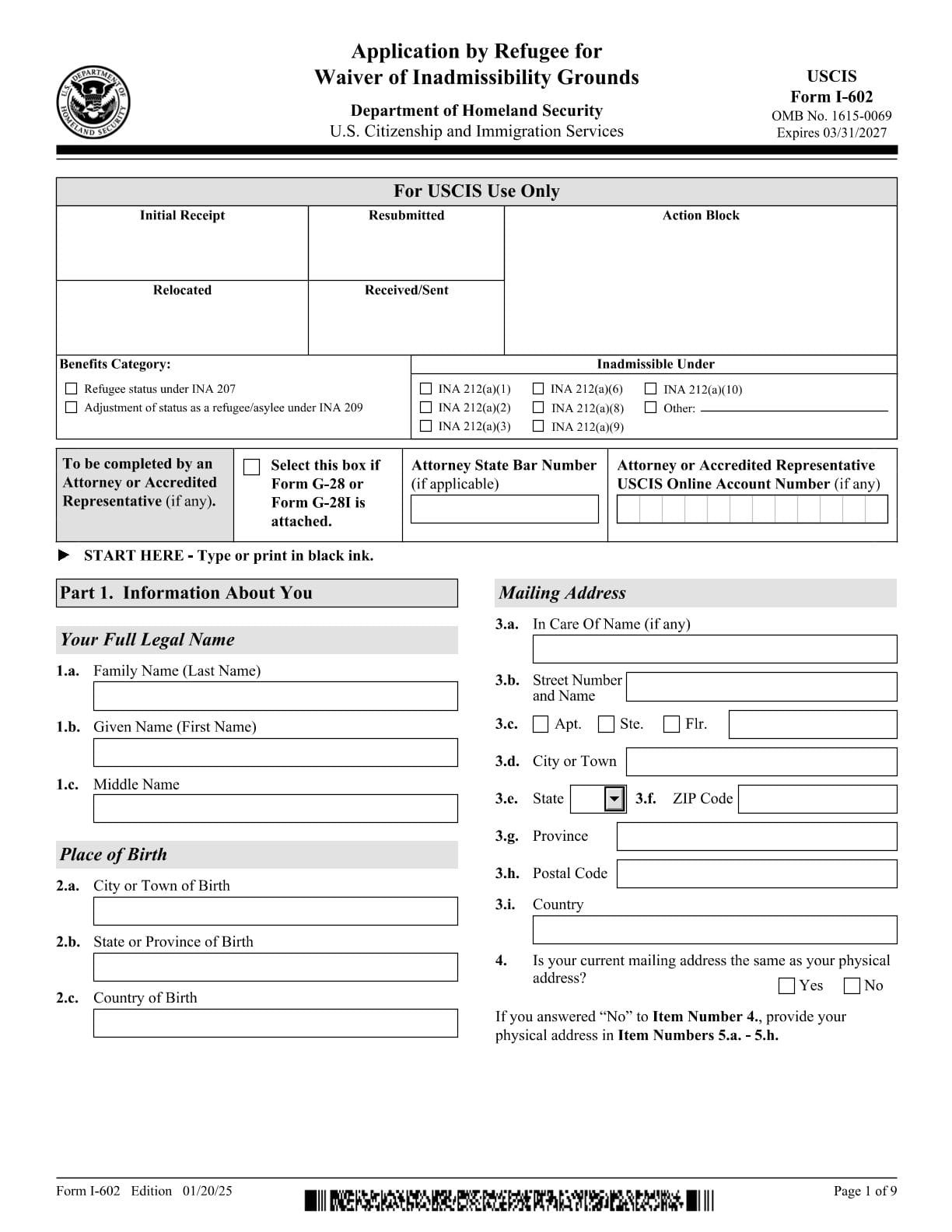 Form I-602 PDF Download – Refugee Waiver Application