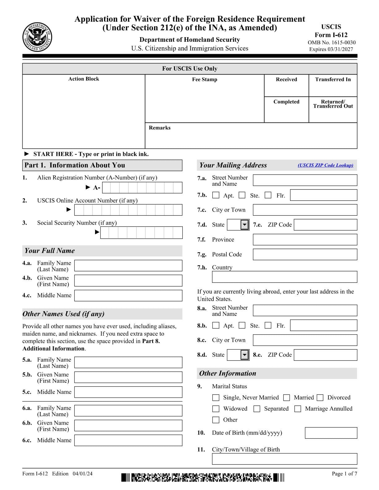 Form I-612 PDF Download – Foreign Residence Waiver
